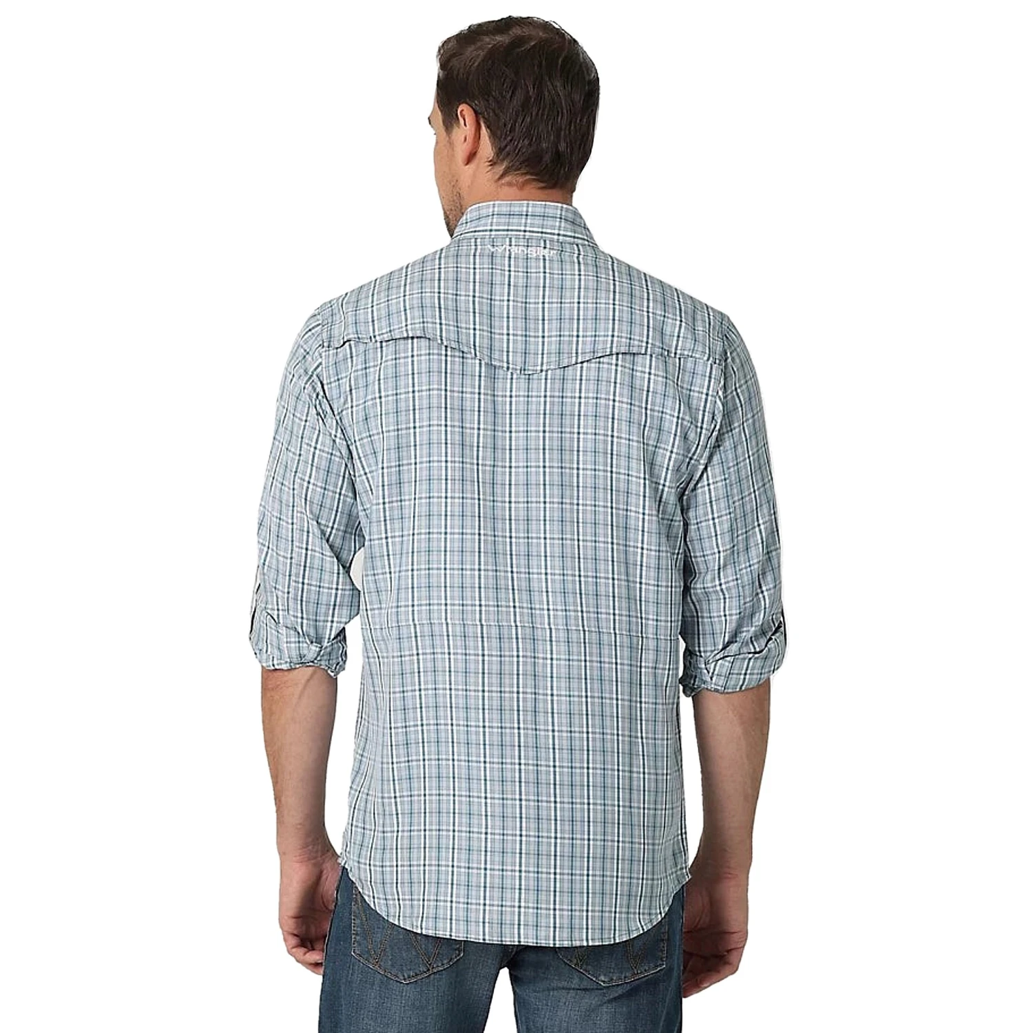 Wrangler Mens Teal Plaid Performance Snap Long Sleeve Shirt - Image 2