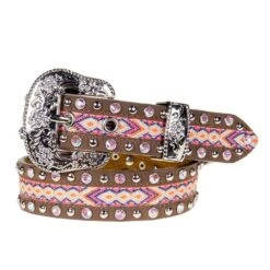 Brown Belt W/Silver And Pink Studs