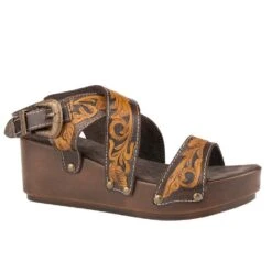 Roper Womens Brown Tan Tooled Leather Wedge