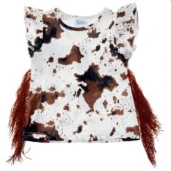 Shea Baby Girl's Brown Cow Print Top With Fringe