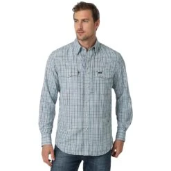 Wrangler Mens Teal Plaid Performance Snap Long Sleeve Shirt