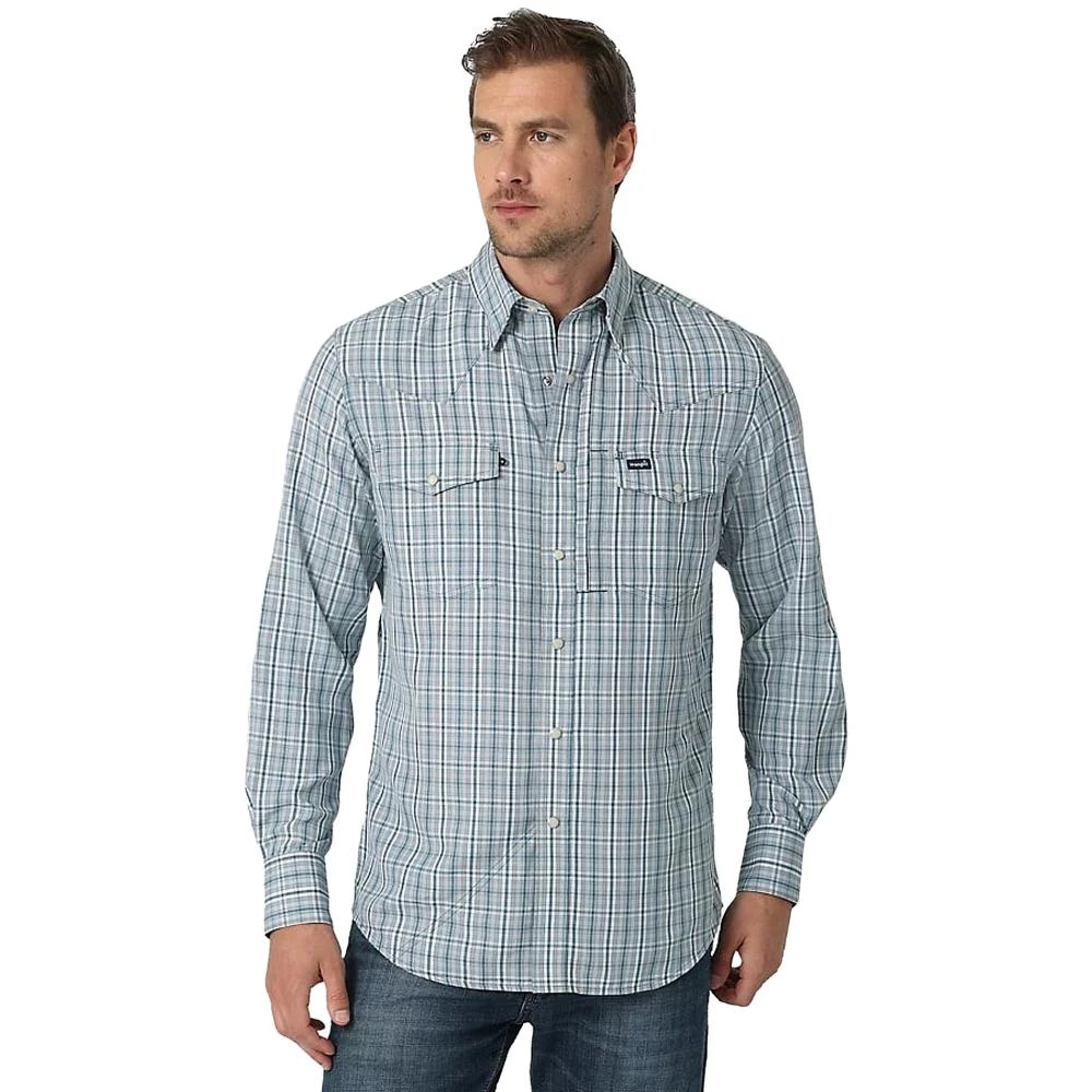 Wrangler Mens Teal Plaid Performance Snap Long Sleeve Shirt