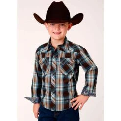 Roper Boys Brown Plaid Long Sleeve Western Snap Shirt