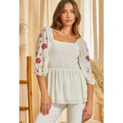 Andrée Andree By Unit Womens Ivory Embroidered Sleeve Top