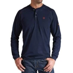Men's Ariat Flame Resistant Navy Henley Long Sleeve Shirt