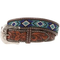 Western Fashion Mens Brown Belt With Blue And Turquoise Beading XIBB101