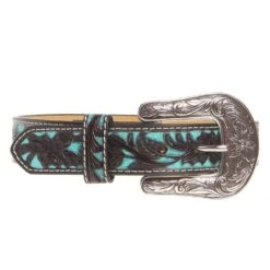 Youth Brown Floral Belt With Painted Turquoise Inlay