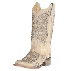 Corral Ladies White Glitter/Crystals Square Toe Cowgirl Boots